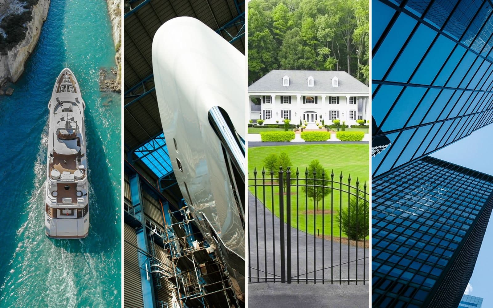 Four panels: a superyacht side deck, a shipyard hull refit, a country residence and an office tower