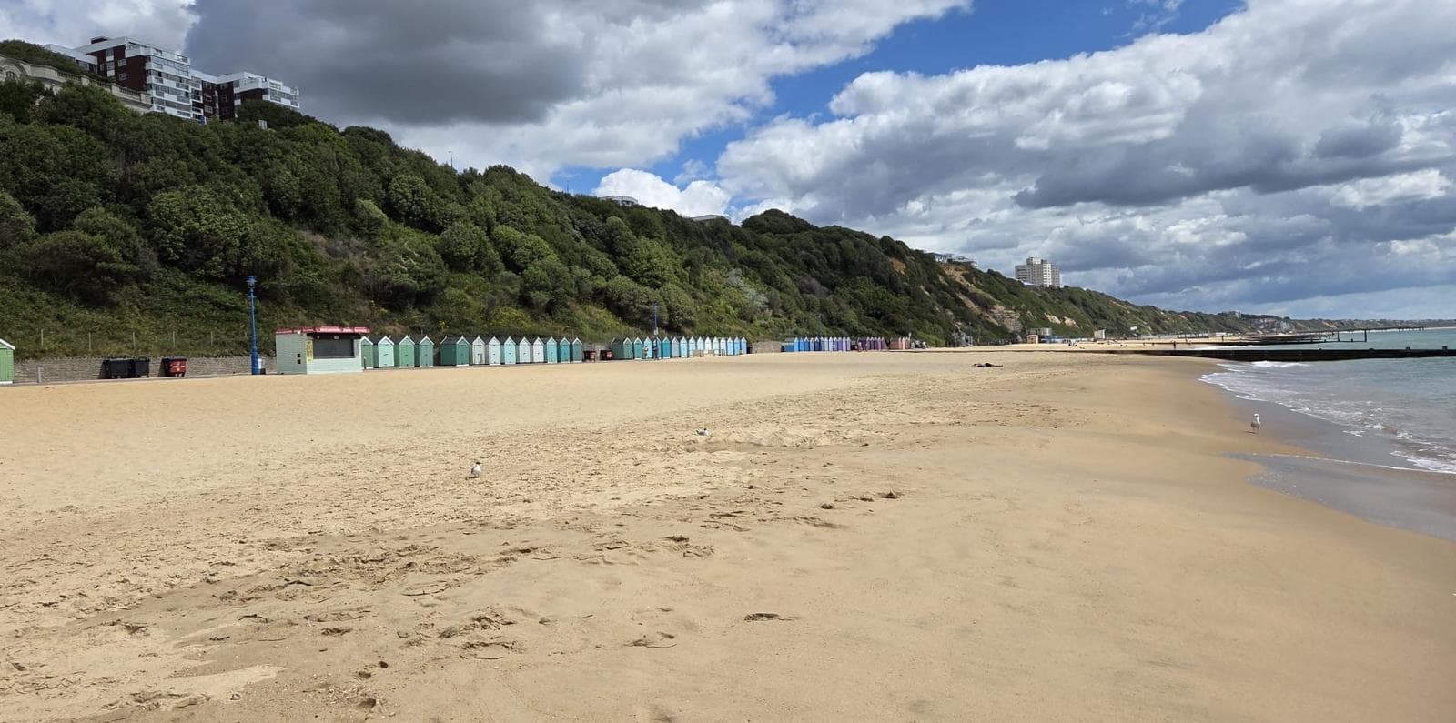 Bournemouth beach on a bright day, a row of beach huts beneath the wooded cliff