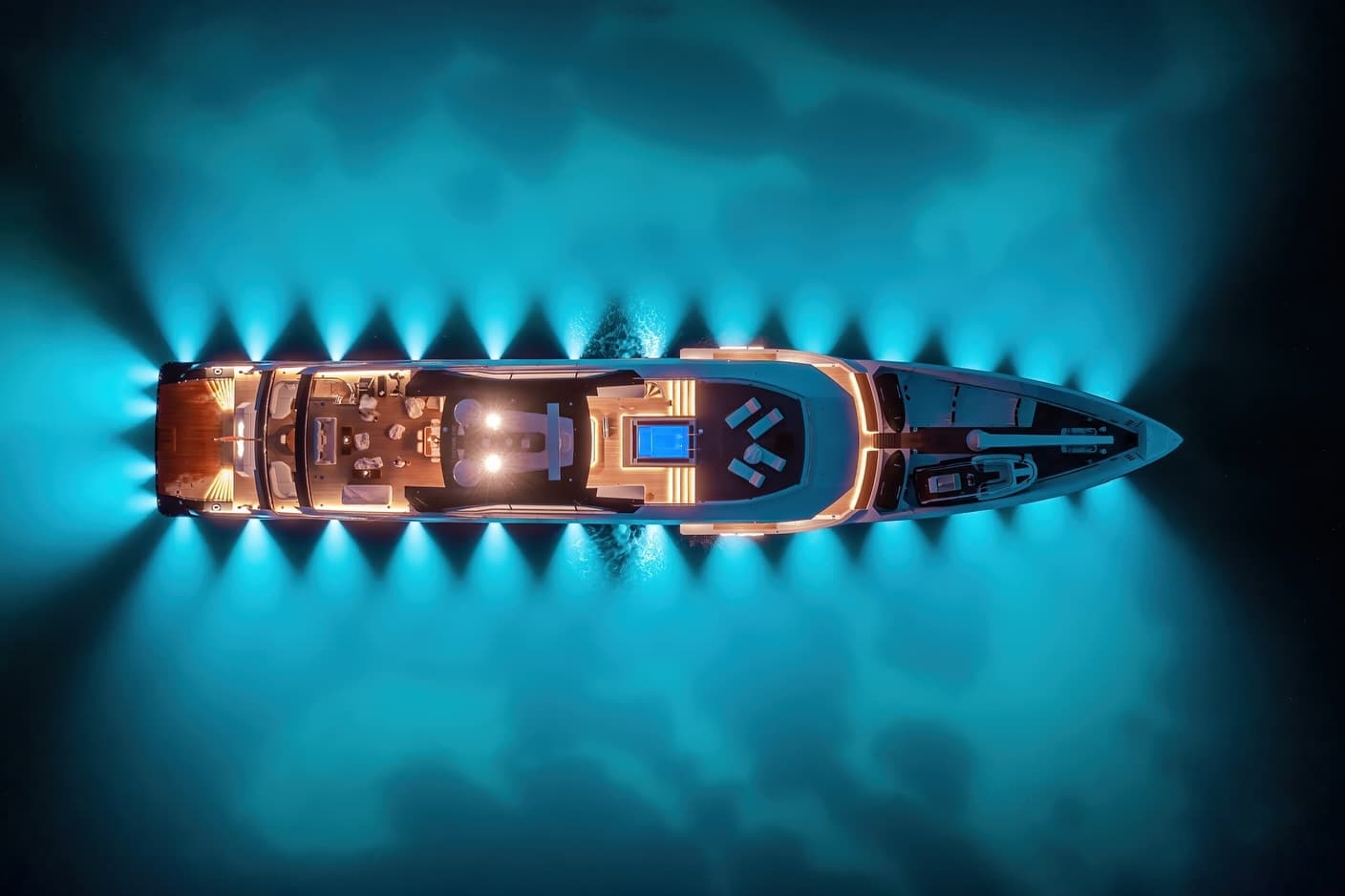 Superyacht from directly overhead at night, underwater lights fanning out into the bay