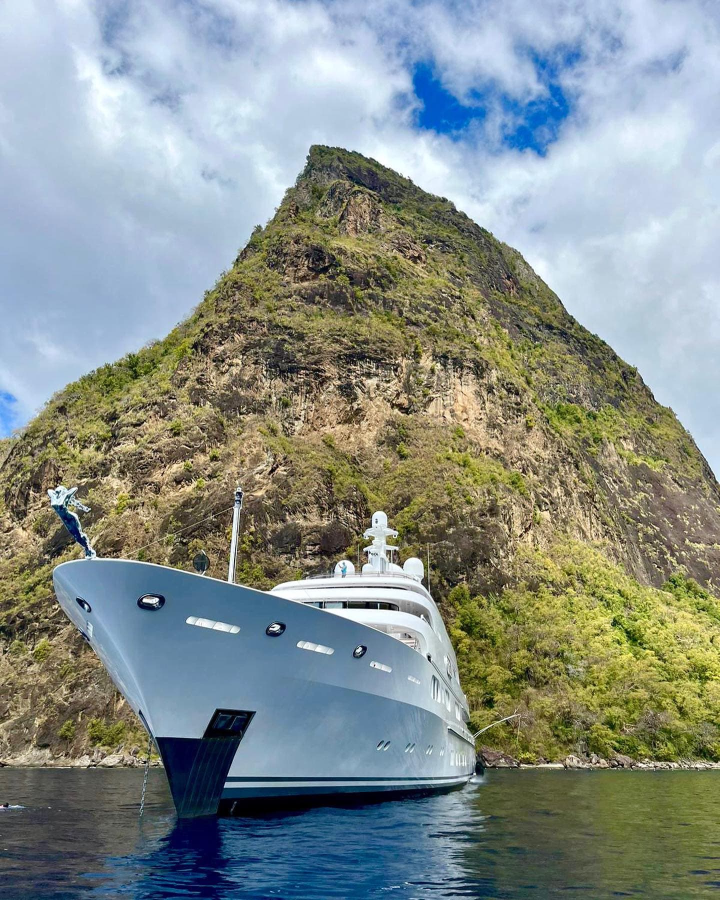 Superyacht anchored beneath the Pitons, St Lucia