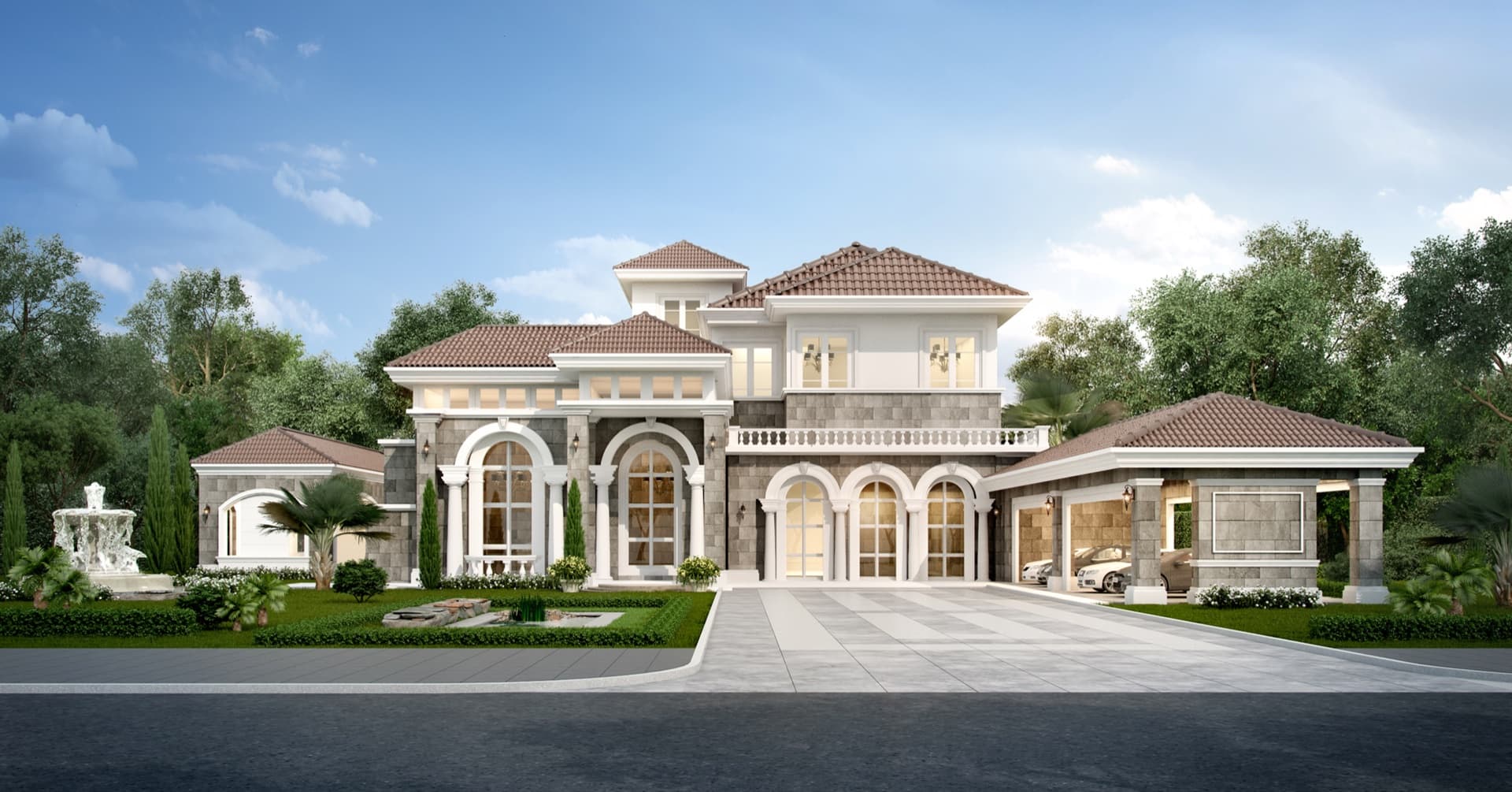 Stone and white residence with arched windows, a paved forecourt and formal gardens