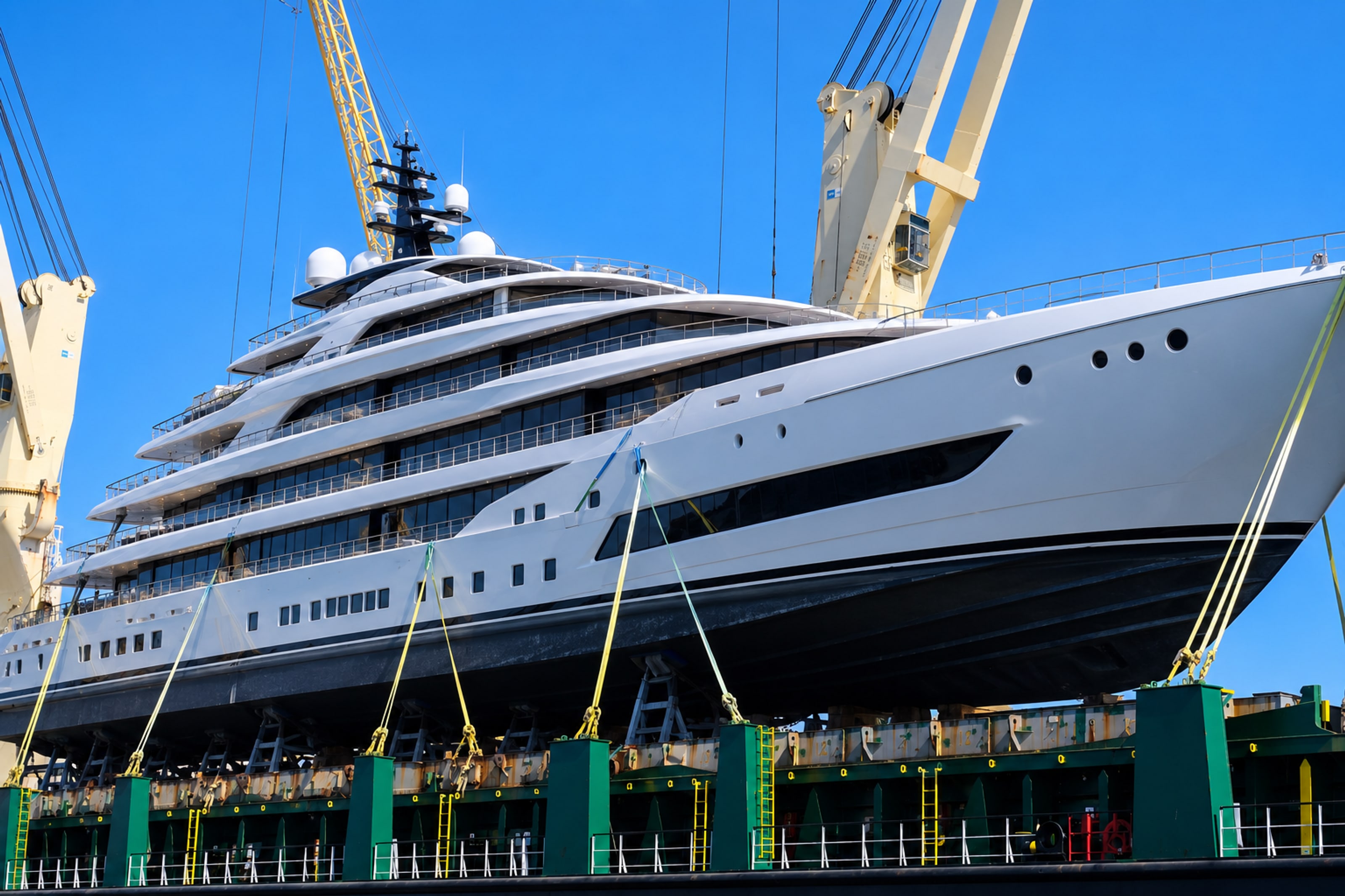 Live shore-side and maritime vacancies A superyacht in dry dock beneath shipyard cranes