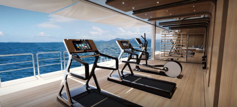 Exercise machines on the deck of a yacht